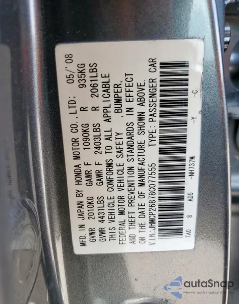 2008 Honda Accord Exl z USA, uszkodzony, nr VIN JHMCP26878C077555